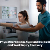 Physiotherapist in Auckland for Running & Work Injuries Physiotherapist treating a patient with a running or work-related injury in Auckland using hands-on therapy and rehabilitation exercises.
