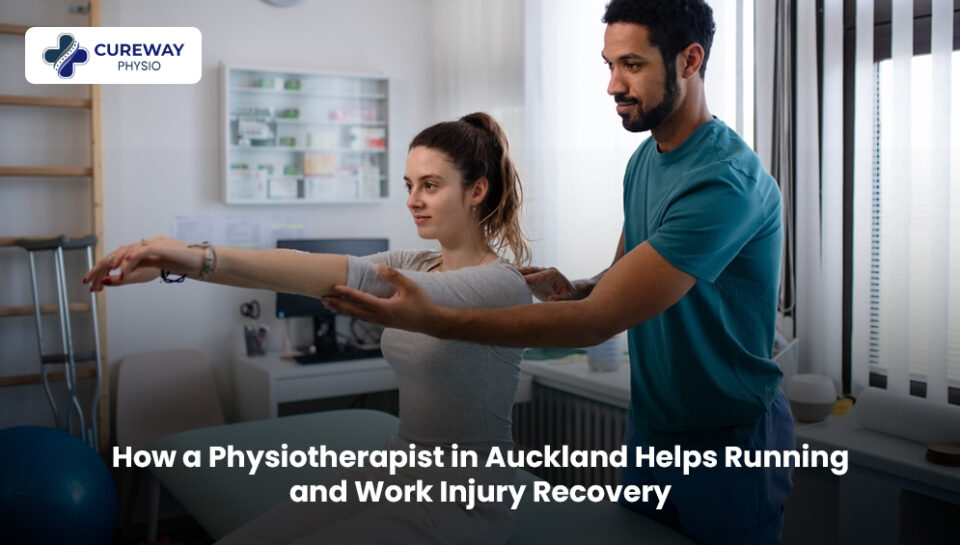 Physiotherapist treating a patient with a running or work-related injury in Auckland using hands-on therapy and rehabilitation exercises.