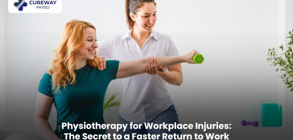 Physiotherapist helping a patient recover from a workplace injury with guided rehabilitation exercises in a modern physiotherapy clinic.