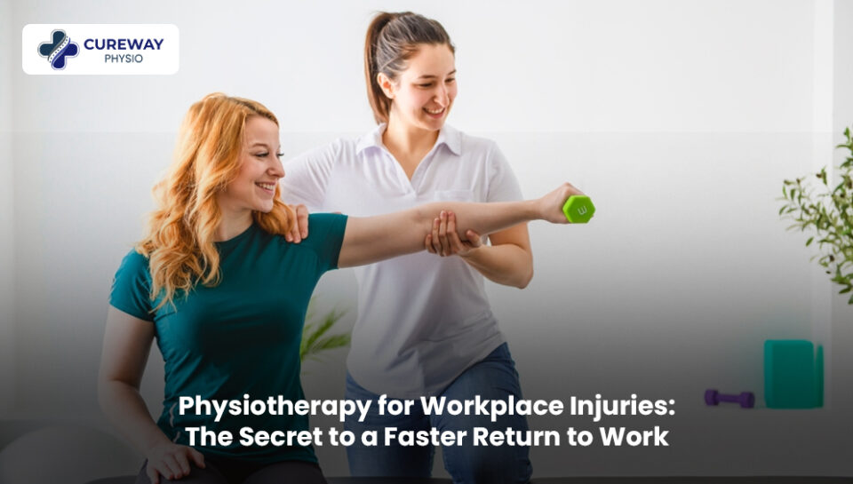 Physiotherapist helping a patient recover from a workplace injury with guided rehabilitation exercises in a modern physiotherapy clinic.