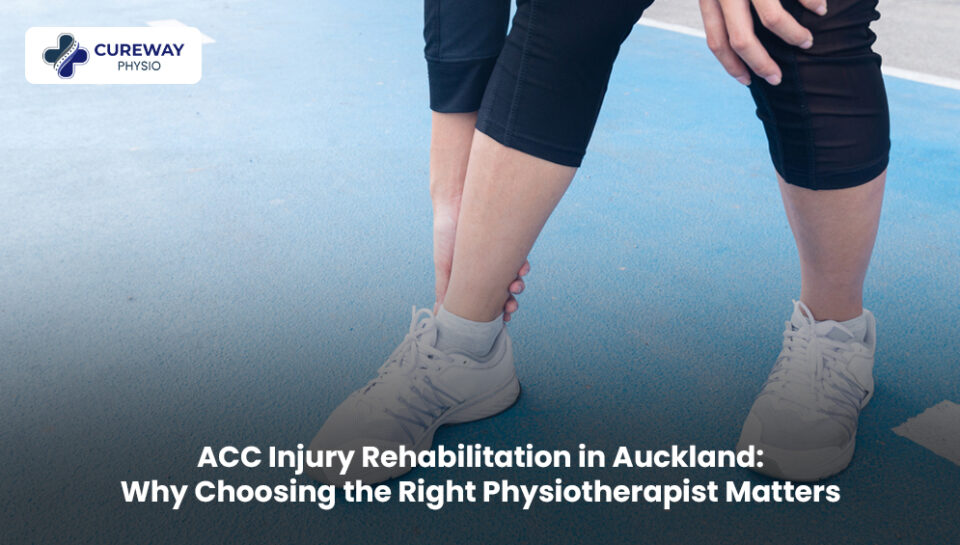 Physiotherapist assisting a patient during an ACC injury rehabilitation session in Auckland to improve mobility, strength, and recovery.