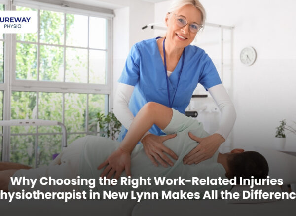 Physiotherapist treating a patient with a work-related shoulder injury in a modern New Lynn physiotherapy clinic.