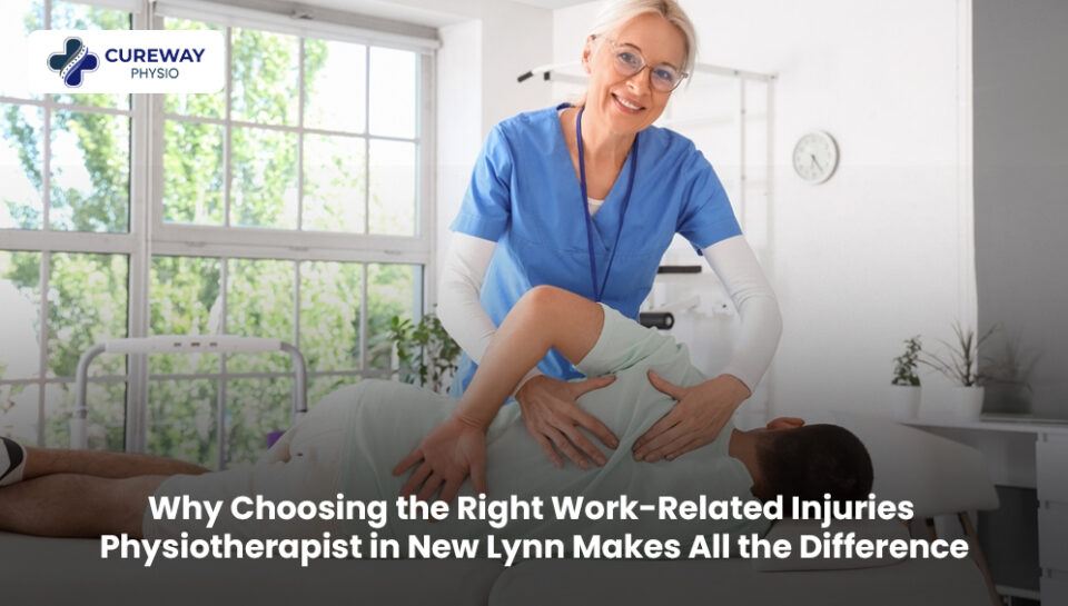 Physiotherapist treating a patient with a work-related shoulder injury in a modern New Lynn physiotherapy clinic.