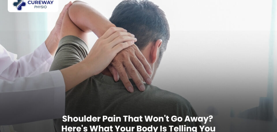 Person experiencing persistent shoulder pain while holding their shoulder, highlighting discomfort and the need for physiotherapy assessment and treatment.