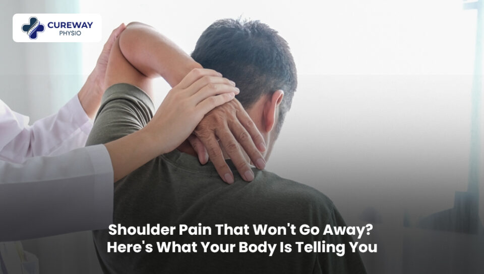 Person experiencing persistent shoulder pain while holding their shoulder, highlighting discomfort and the need for physiotherapy assessment and treatment.