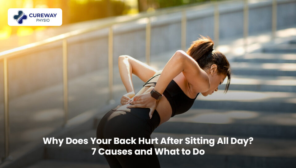 Person experiencing back pain after sitting at a desk all day